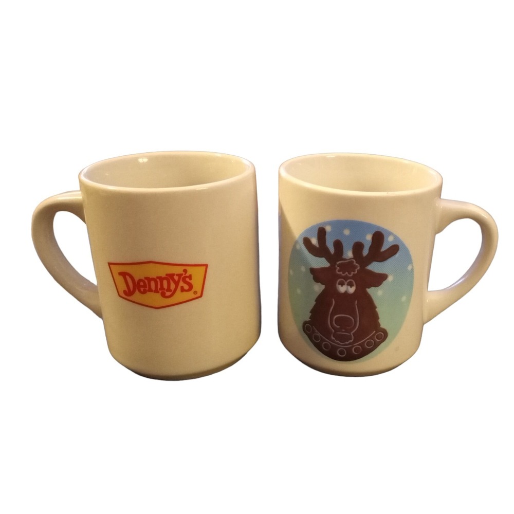 Vtg 2 Denny's Diner Moose Christmas Holiday Heat Activated Color Changing Mugs